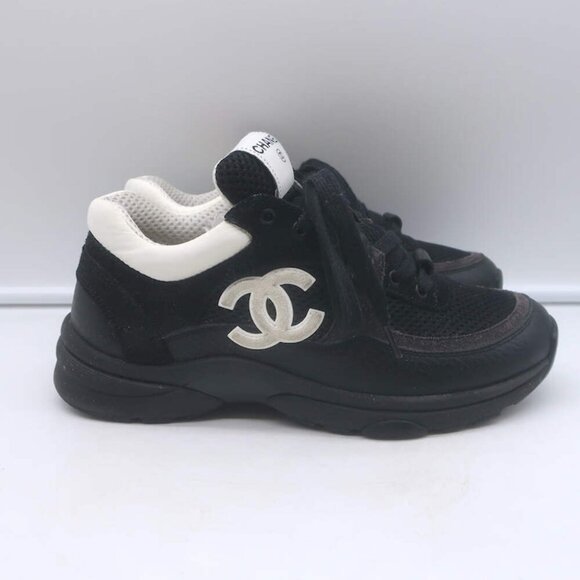 Chanel 10B CC Low Top Sneakers Black Mesh & Leather Size 36 - Picture 3 of 15